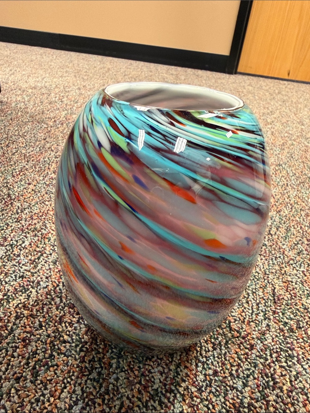 Hand-Blown Swirl Glass Vase in Turquoise, Red & Pink